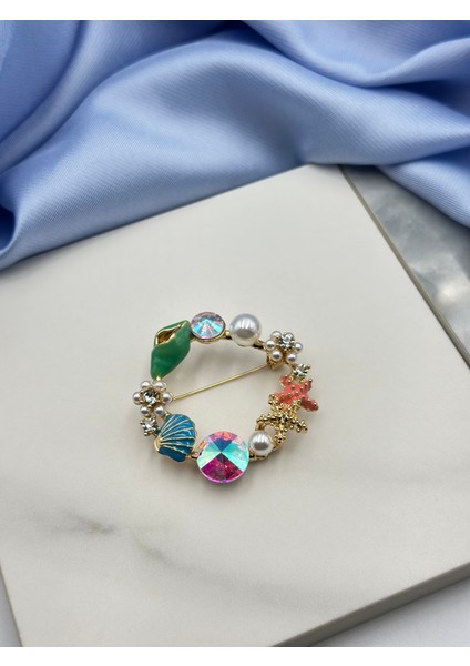 Kumsal Konseptli Rengarenk Inci Detaylı Tasarım Broş Yaka Iğnesi