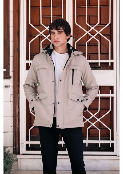 Erkek Krem Pamuk Polyester Karışımlı Kürklü Çıkartılabilir Kapüşonlu Mont&kaban fiyatları