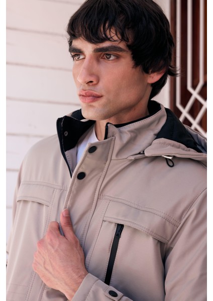 Erkek Krem Pamuk Polyester Karışımlı Kürklü Çıkartılabilir Kapüşonlu Mont&kaban modelleri