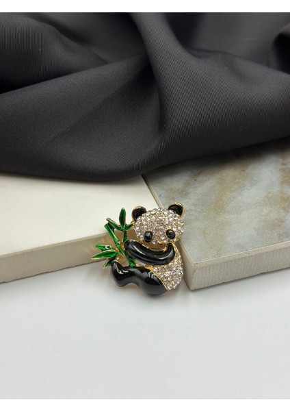 Taşlı Sevimli Panda Figürlü Broş Yaka Iğnesi