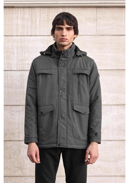 Erkek Gri Pamuk Polyester Karışımlı Kürklü Çıkartılabilir Kapüşonlu Mont&kaban