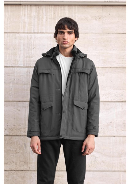 Erkek Gri Pamuk Polyester Karışımlı Kürklü Çıkartılabilir Kapüşonlu Mont&kaban fiyatları