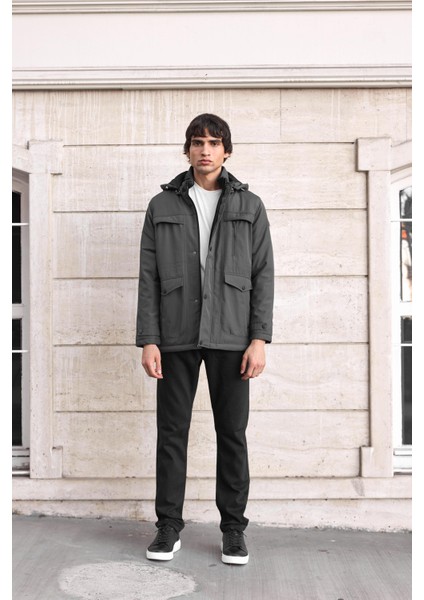 Erkek Gri Pamuk Polyester Karışımlı Kürklü Çıkartılabilir Kapüşonlu Mont&kaban fırsatları