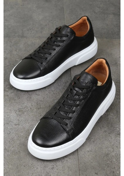 “erkek Siyah Hakiki Deri Sneaker - Kalın Tabanlı Günlük Spor Ayakkabı”