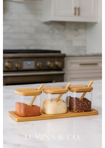 Bambu Kapaklı 3’lü Cam Baharatlık Seti – Kaşıklı ve Standlı fiyatları