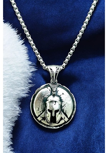 Gümüş Kaplama Krom-Çelik Erkek Kolye Phalanx Miğfer Motifli Kalkan Madalyon