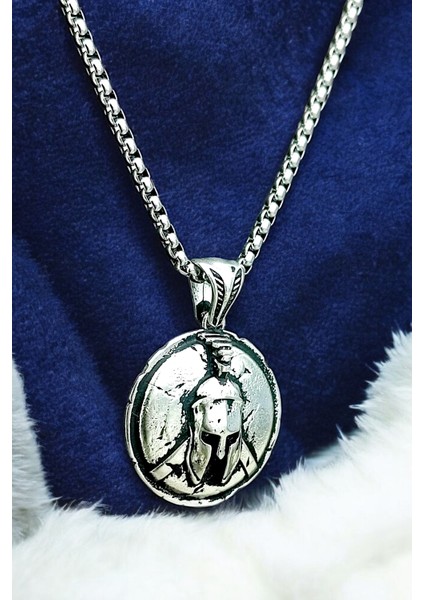 Gümüş Kaplama Krom-Çelik Erkek Kolye Phalanx Miğfer Motifli Kalkan Madalyon fiyatları