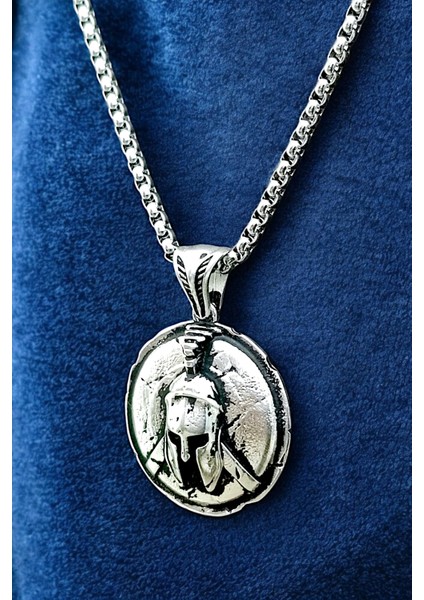 Gümüş Kaplama Krom-Çelik Erkek Kolye Phalanx Miğfer Motifli Kalkan Madalyon modelleri