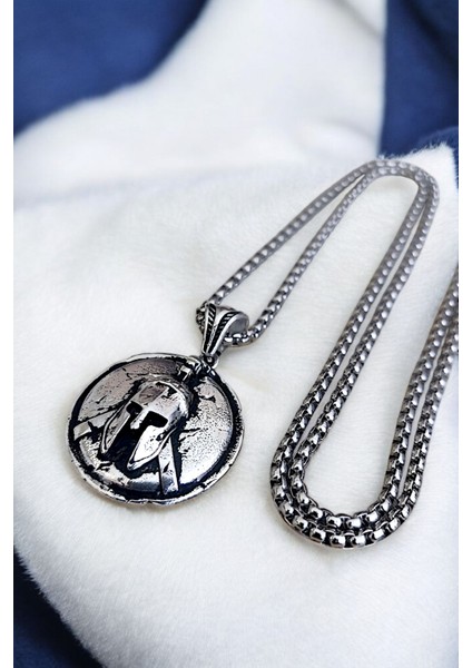 Gümüş Kaplama Krom-Çelik Erkek Kolye Phalanx Miğfer Motifli Kalkan Madalyon indirimleri