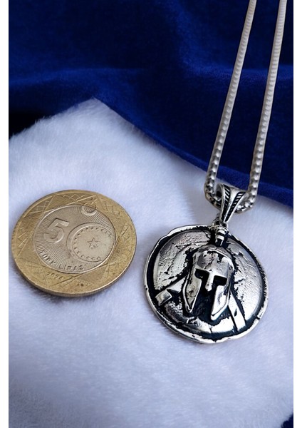 Gümüş Kaplama Krom-Çelik Erkek Kolye Phalanx Miğfer Motifli Kalkan Madalyon