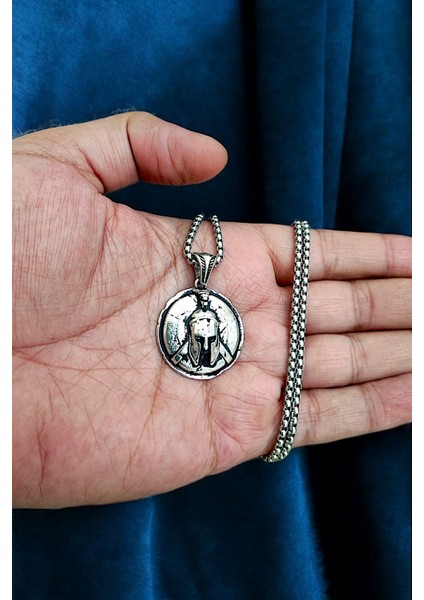 Gümüş Kaplama Krom-Çelik Erkek Kolye Phalanx Miğfer Motifli Kalkan Madalyon