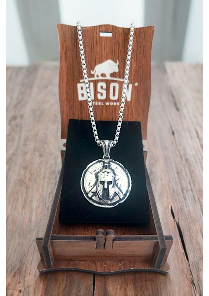 Gümüş Kaplama Krom-Çelik Erkek Kolye Phalanx Miğfer Motifli Kalkan Madalyon