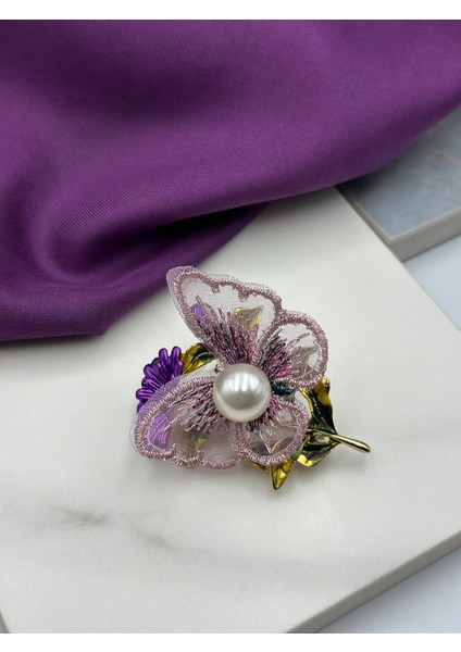 Mor Kelebek ve Çiçek Detaylı Incili Tasarım Broş Yaka Iğnesi fiyatları