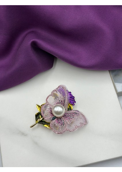 Mor Kelebek ve Çiçek Detaylı Incili Tasarım Broş Yaka Iğnesi modelleri