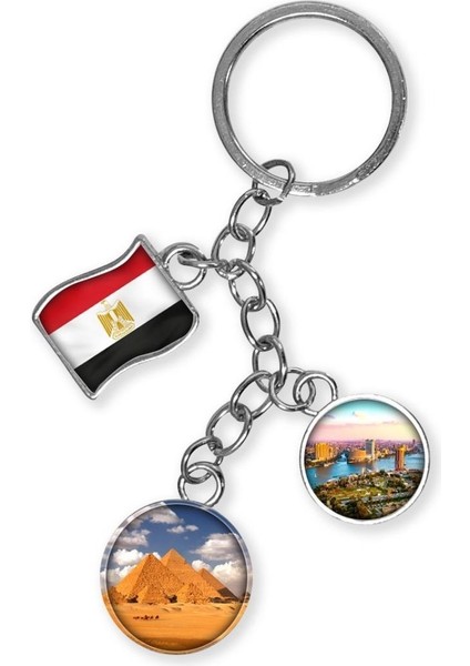 Mısır Üçlü Epoksi Metal Çift Taraflı Damla Anahtarlık Egypt