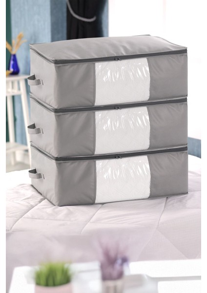 3'lü Gri Set, 70X50X25CM Pencereli Çekyat ve Baza Altı Düzenleyici