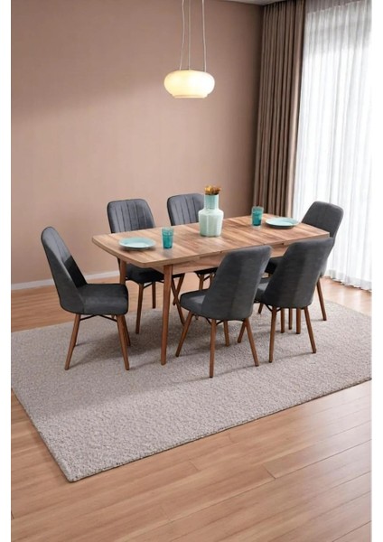 Karba Ceviz 80X132 Açılabilir Sunta Masa Yemek Odası Takımı, Mutfak Takımı 6 Adet Sandalye