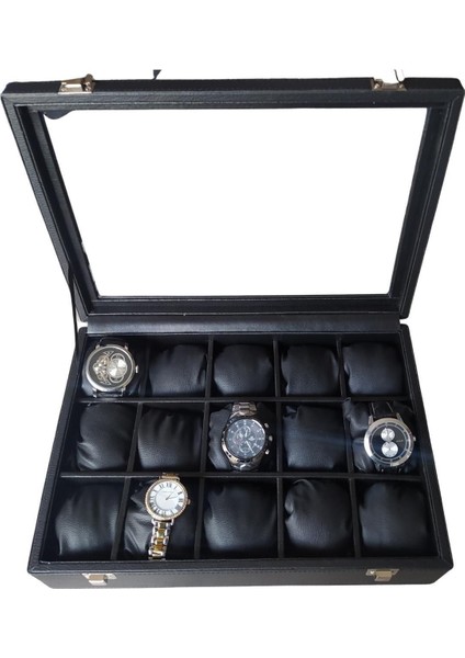 Camlı Kapaklı 15'li Deri Tablası Siyah, Iç Deri Kelepçelik Kilitli Ürün