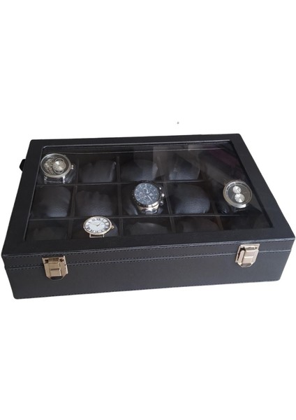 Camlı Kapaklı 15'li Deri Tablası Siyah, Iç Deri Kelepçelik Kilitli Ürün fiyatları