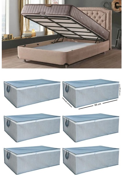 6 Adet Çizgili Baza Tipi Saklama Kutusu 65X45X22 Cm, Gri