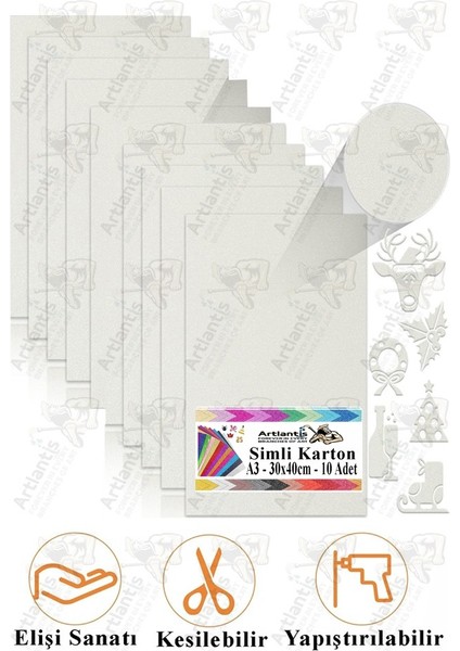 Beyaz Simli Karton A3 30X40 cm 10 Lu 1 Paket Simli Fon Kartonu Parıltılı Kağıt Anasınıfı Kreş Etkinlik Proje