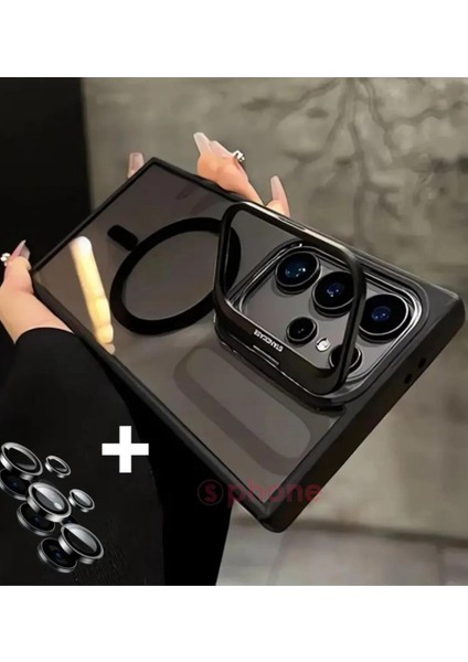 Samsung Galaxy S23 Ultra Kılıf Magsafe Kamera Kısmı Standlı Bumper Pencere + Lens Koruyucu Halka Set