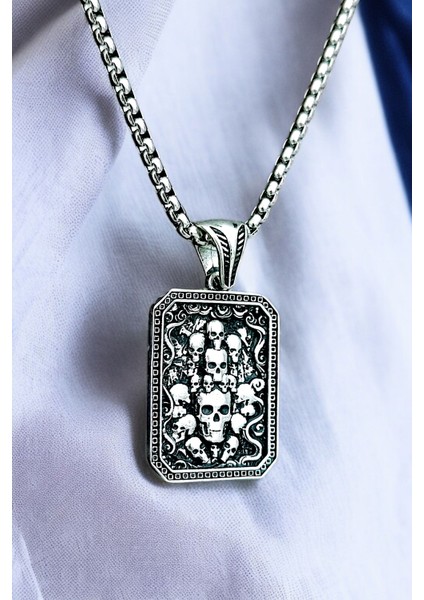 Gümüş Kaplama Krom-Çelik Erkek Kolyesi Ölüler Yurdu Kurukafa Madalyon