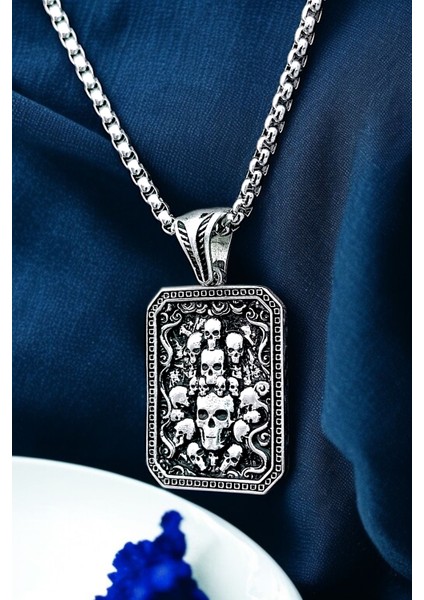 Gümüş Kaplama Krom-Çelik Erkek Kolyesi Ölüler Yurdu Kurukafa Madalyon fiyatları