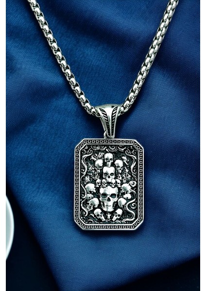 Gümüş Kaplama Krom-Çelik Erkek Kolyesi Ölüler Yurdu Kurukafa Madalyon modelleri