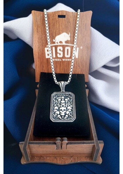 Gümüş Kaplama Krom-Çelik Erkek Kolyesi Ölüler Yurdu Kurukafa Madalyon