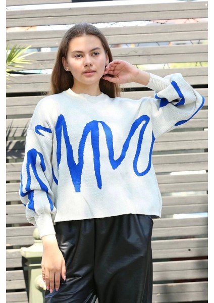 Mavi Çizgili Bisiklet Yaka Kazak Beyaz fiyatları