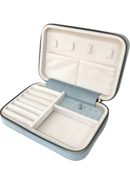 Büyük Boy Mavi Süet Takı ve Seyahat Çantası, Fermuarlı, Ahşap Kasalı (14X21 Cm)