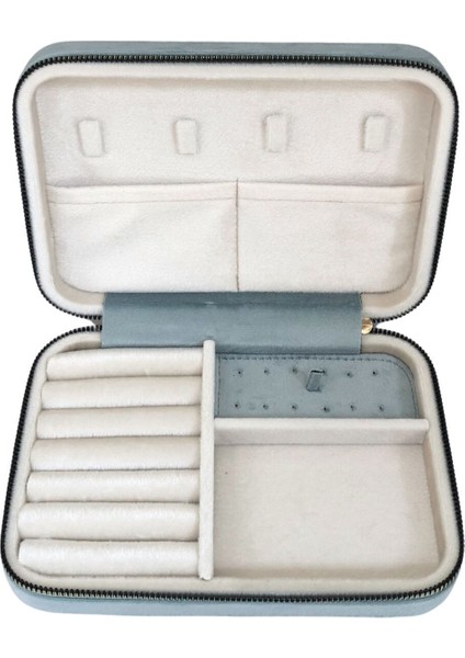 Büyük Boy Mavi Süet Takı ve Seyahat Çantası, Fermuarlı, Ahşap Kasalı (14X21 Cm) fiyatları