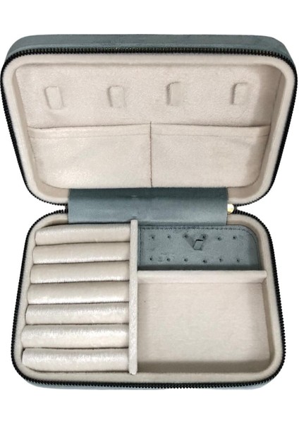 Büyük Boy Mavi Süet Takı ve Seyahat Çantası, Fermuarlı, Ahşap Kasalı (14X21 Cm) fırsatları