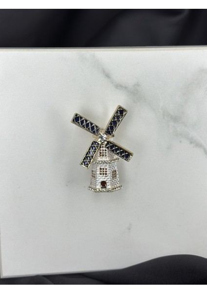 Beyaz Yel Değirmeni Tasarım Broş Yaka Iğnesi