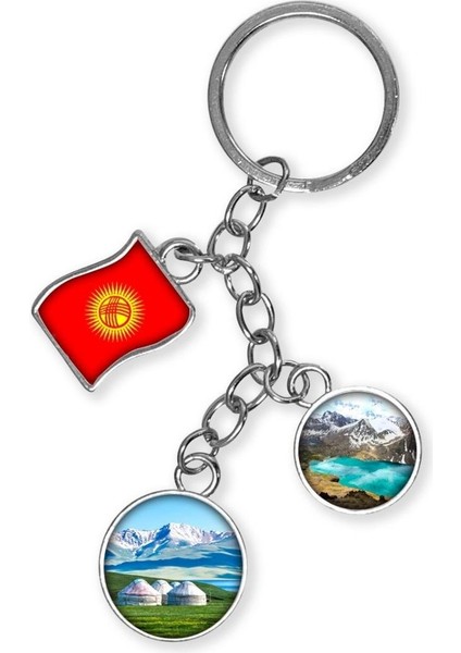Kırgızistan Üçlü Epoksi Metal Çift Taraflı Damla Anahtarlık Kyrgyzstan