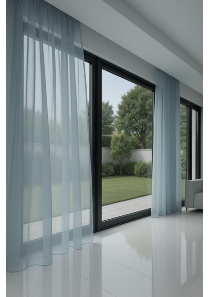 Dökümlü Düz Tül Perde - Açık Mavi - Pileli Dikim 1x2,5 Pile- İPK100