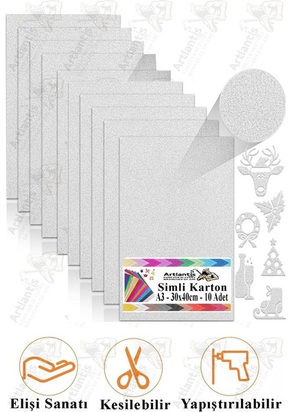Gümüş Gri Simli Karton A3 30X40 cm 10 Lu 1 Paket Simli Fon Kartonu Parıltılı Kağıt Anasınıfı Kreş Etkinlik Proje