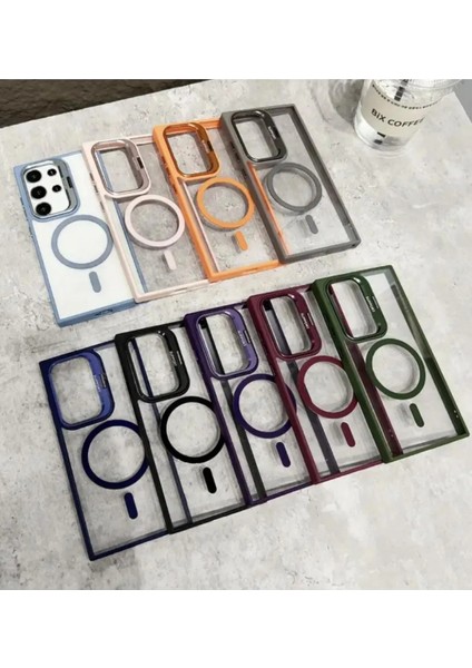 Samsung Galaxy S24 Ultra Kılıf Magsafe Kamera Kısmı Standlı Bumper Pencere + Lens Koruyucu Halka Set modelleri