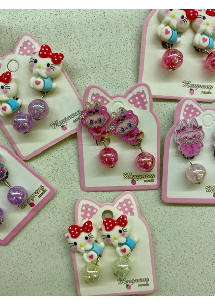 Hello Kitty Kuromi Labubu Karakterli Karışık Renk ve Model Bijuteri Boncuklu Çocuk Küpesi(3 Çift)