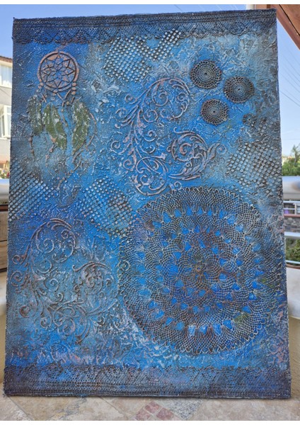 -Vintage Dantel Temalı Duvar Panosu/ahşap Tablo-Düş Kapanı Mavi