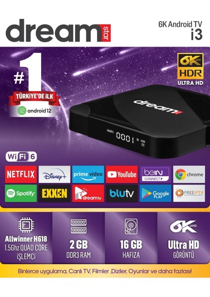 i3 Android TV Box – Android 12, 2GB RAM, 16GB Depolama, 6K UHD HDR Dolby Vision, Wi‑Fi ve Ethernetli Akıllı Kumanda indirimleri