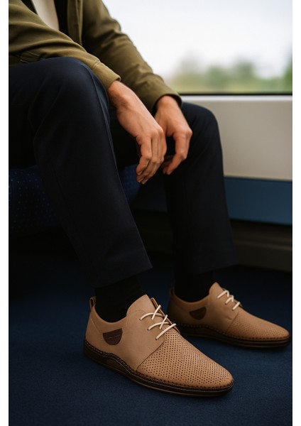 GR0374 Hakiki Nubuk Deri Hafif Poli Taban Dikişli Aksesuarlı Delikli Günlük Espadril Tarz Erkek Ayakkabı