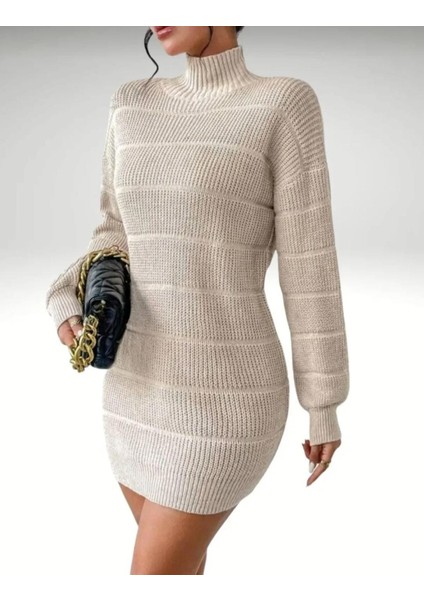 Yarım Balıkçı Yaka Selanik Örgü Kadın Mini Triko Elbise