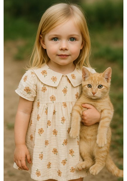 Müslin Kahverengi Renkli , Çiçek Baskılı , Yakalı Kız Çocuk Elbise