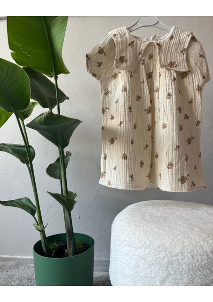 Müslin Kahverengi Renkli , Çiçek Baskılı , Yakalı Kız Çocuk Elbise fiyatları