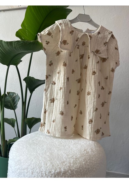 Müslin Kahverengi Renkli , Çiçek Baskılı , Yakalı Kız Çocuk Elbise modelleri