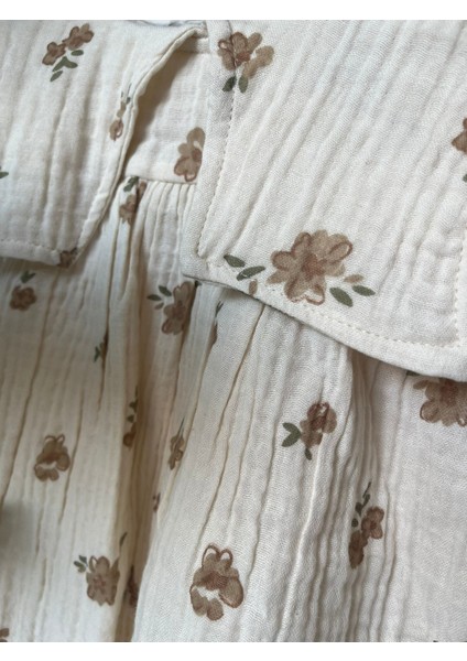 Müslin Kahverengi Renkli , Çiçek Baskılı , Yakalı Kız Çocuk Elbise fırsatları