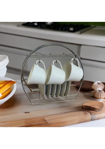 Şık 6 Kancalı Fincan Askısı, Bardak ve Fincan Tutucu, Gümüş Renk