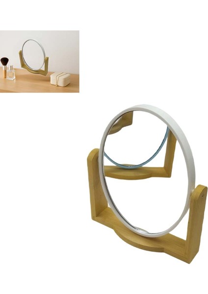 Bambu Ahşap Standlı Çift Yönlü 360° Dönen Plastik Çerçeveli Ayna El Tıraş Makyaj Vb. Aynası Büyük Boy Oval Ayna (1 Adet)